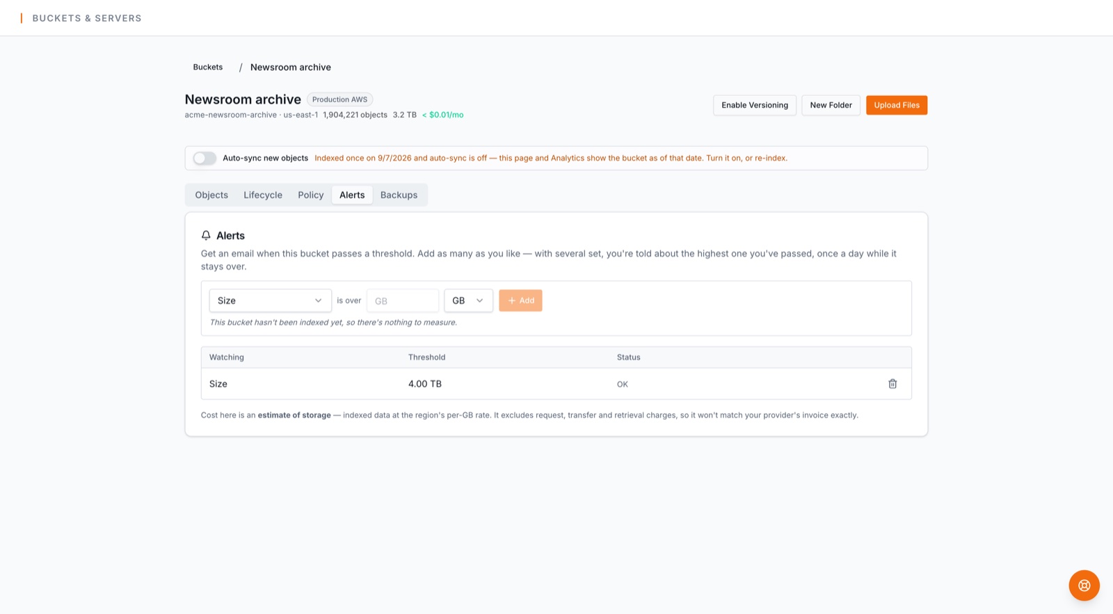 Size and cost alerts on a bucket