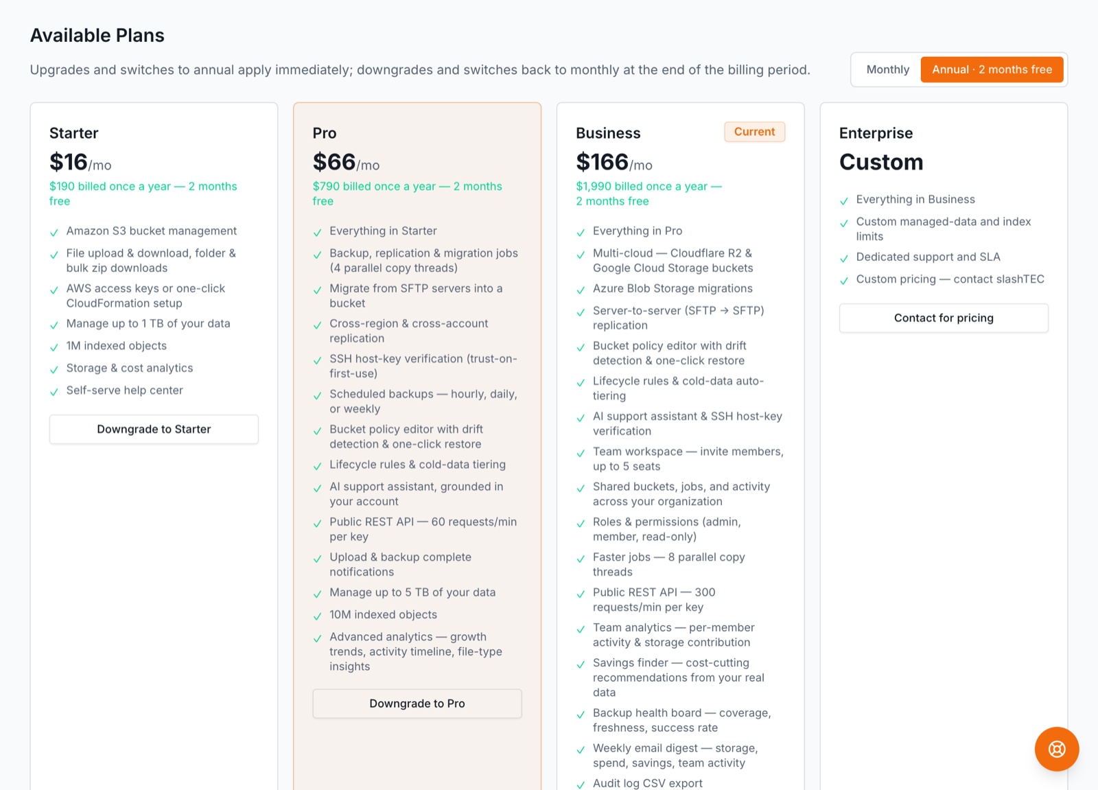 Compare and switch plans from the Billing page — monthly or annual