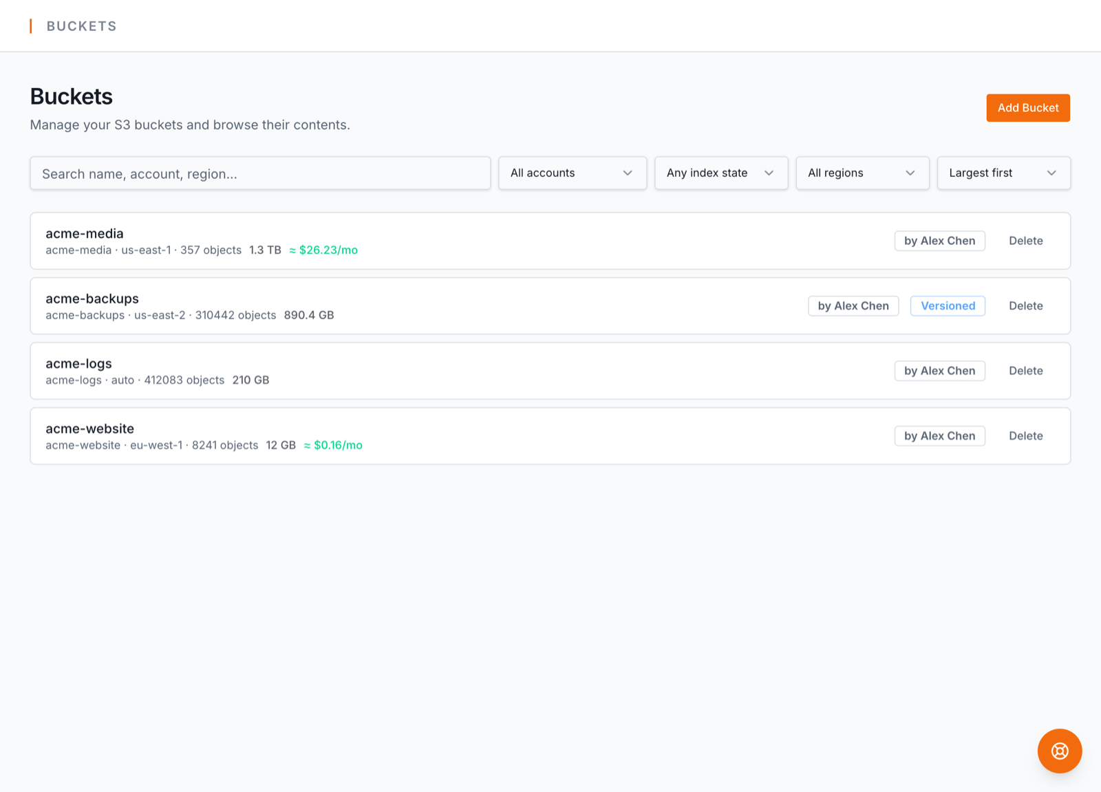 Every bucket across accounts, regions and clouds, side by side