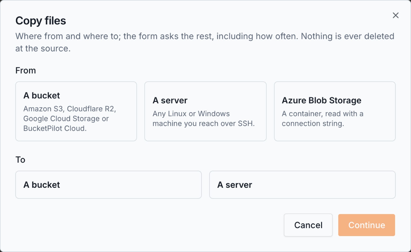 The Create dialog: where from, where to