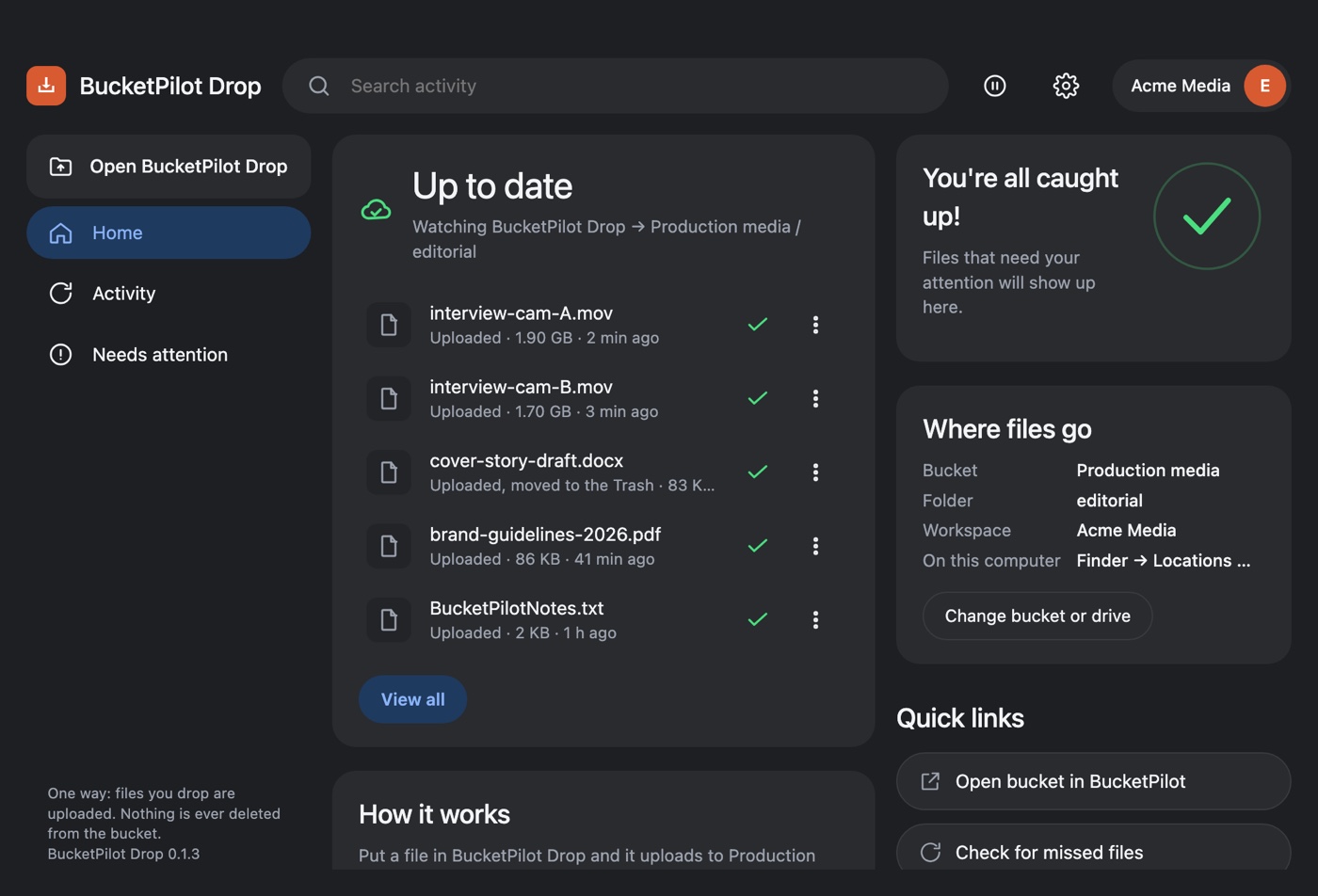 BucketPilot Drop on a Mac: files dropped in are uploaded and confirmed