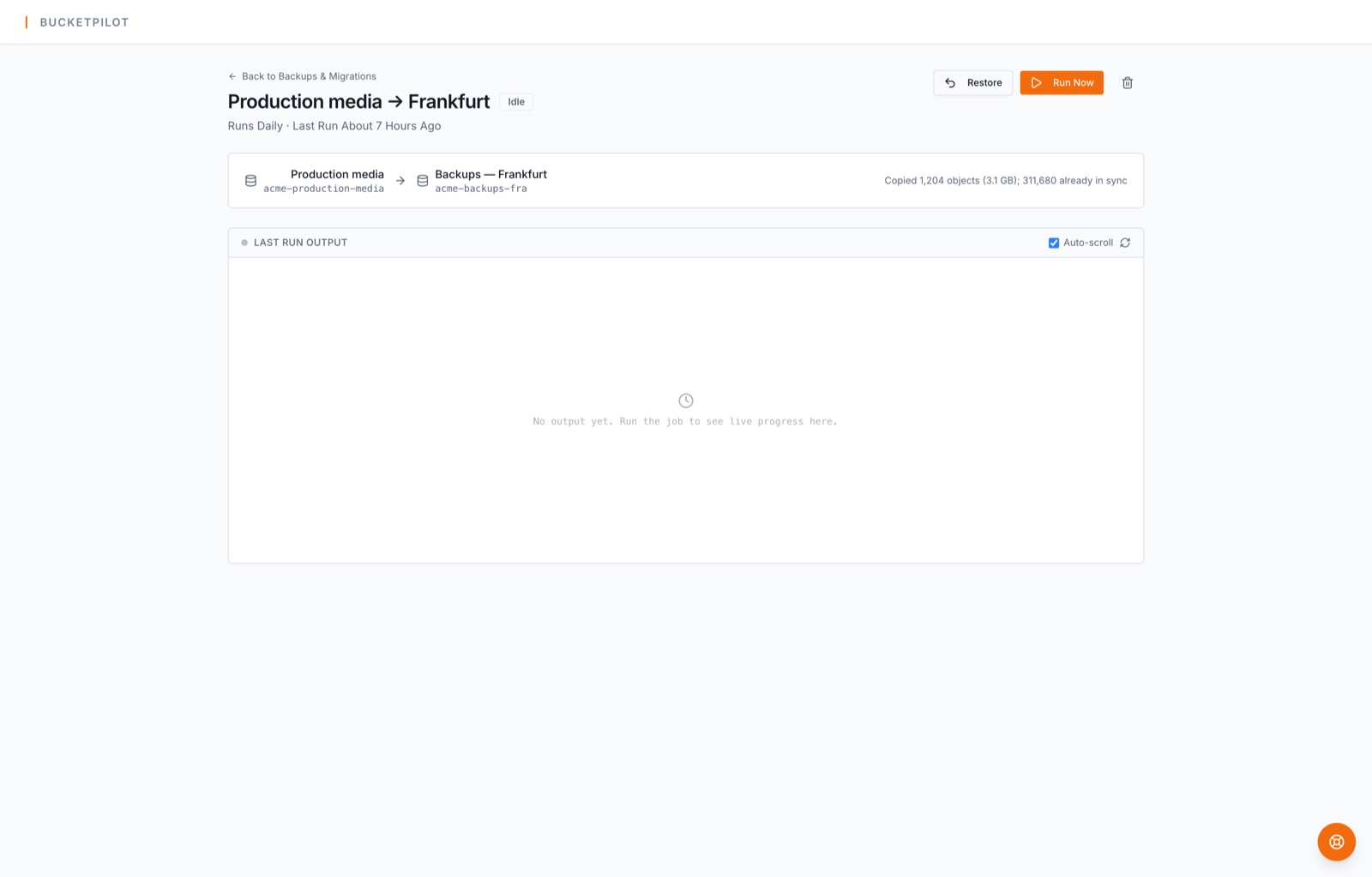 A job's page: progress, per-run history, and the way back