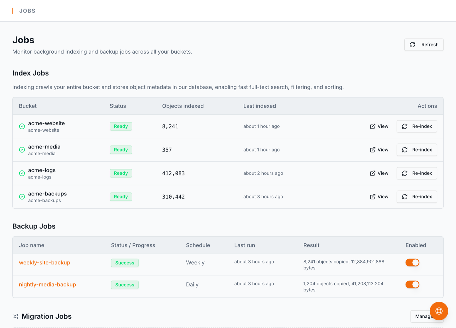 Index, backup, and migration jobs at a glance — schedules, last run, results