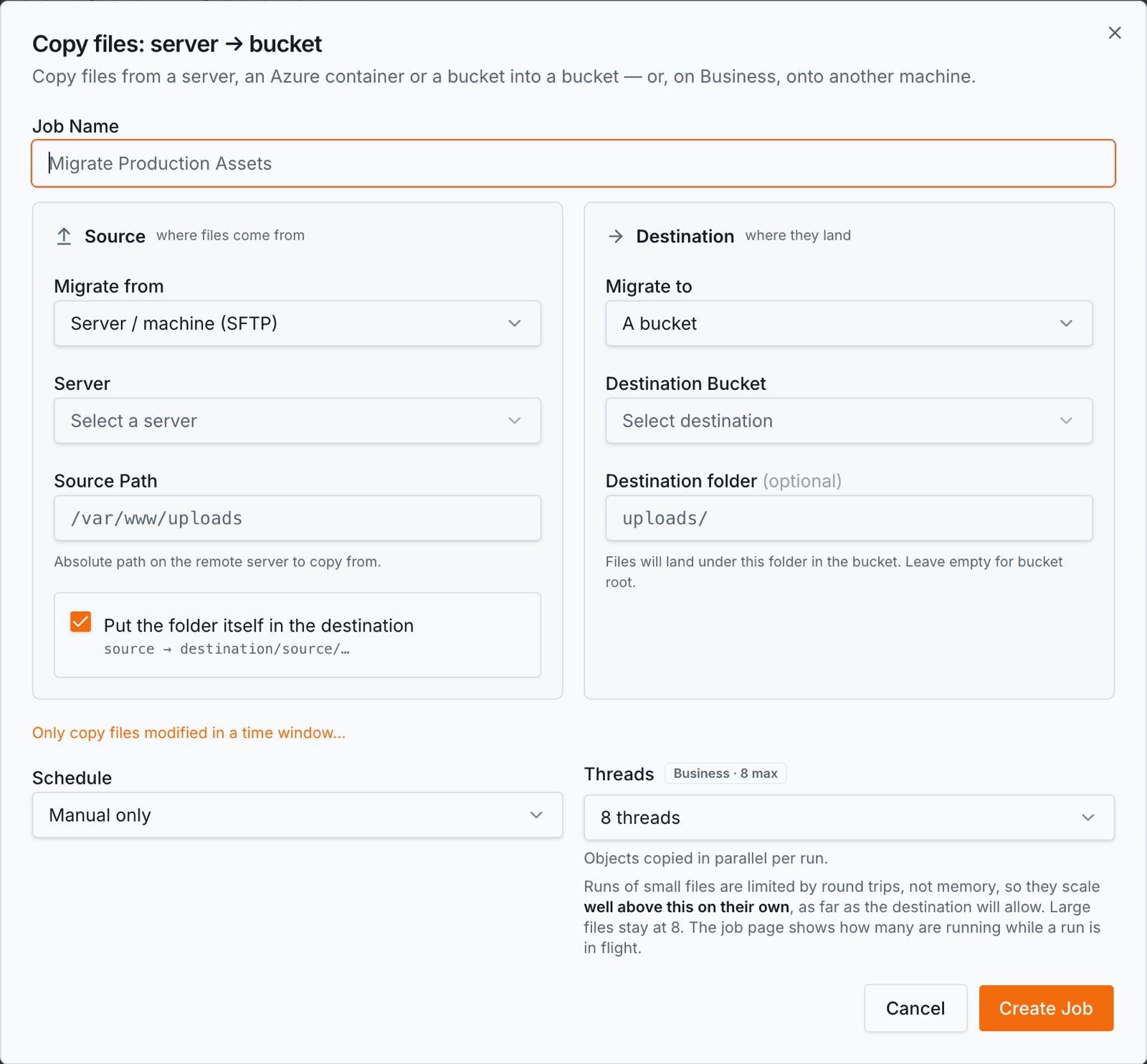 The form for a server or Azure source