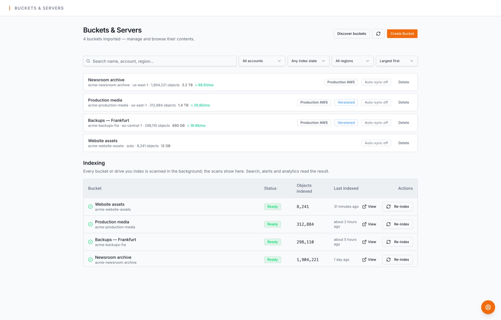The BucketPilot console: every bucket and server with its size and cost